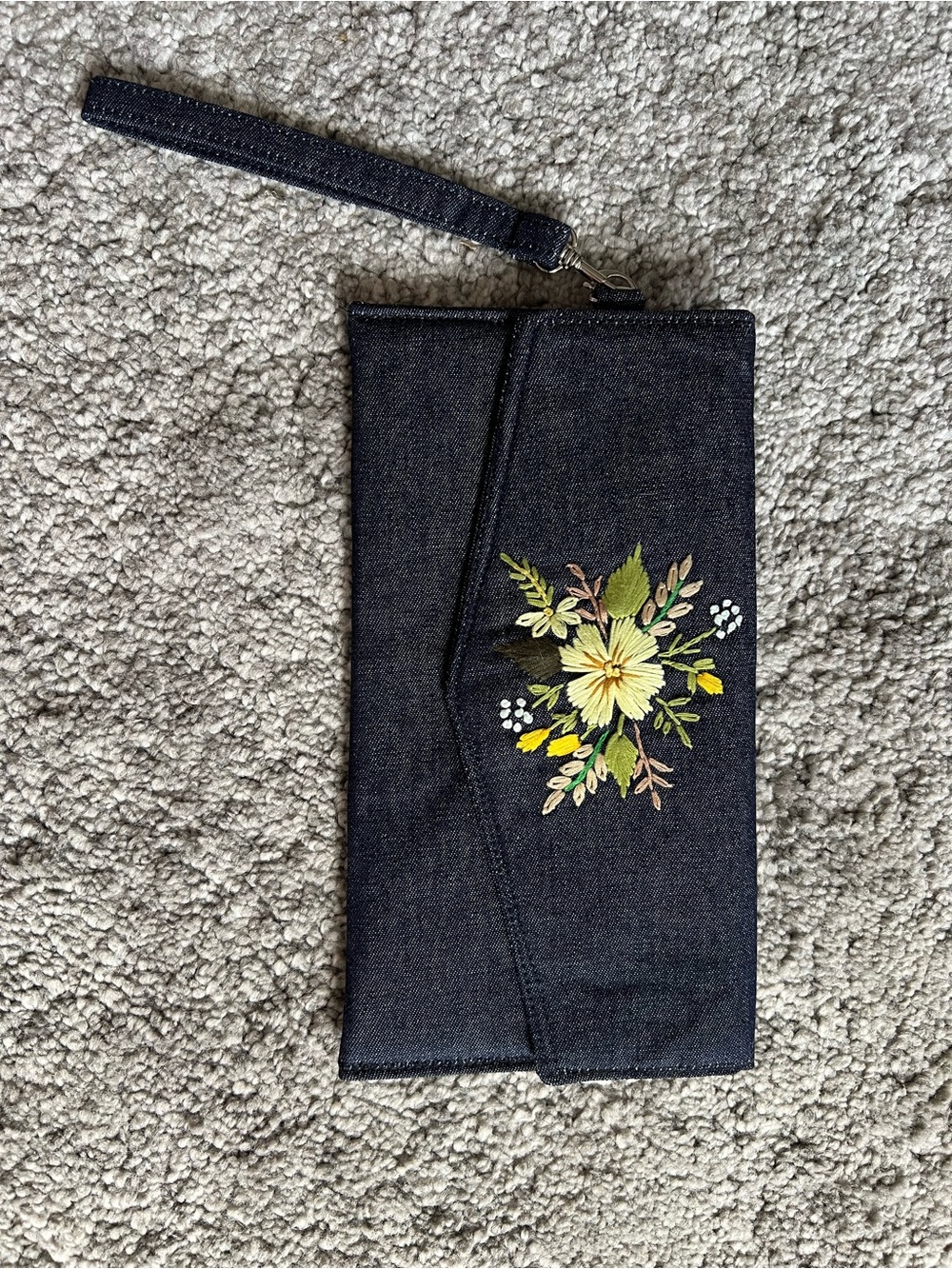 Dark Denim Floral Embroidered Wristlet Clutch - Unbranded